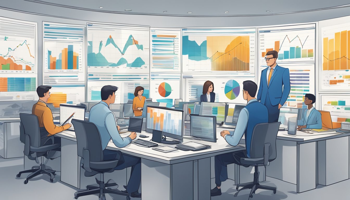 A group of accountants analyzing financial statements, with a focus on comprehensive income. Charts and graphs cover the walls, as they work to unlock the full picture
