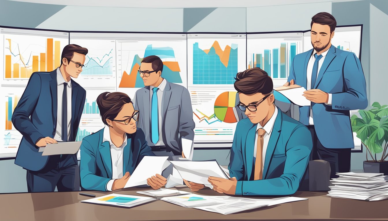 A group of accountants studying IRR, surrounded by financial charts and graphs, engaged in deep discussion and analysis