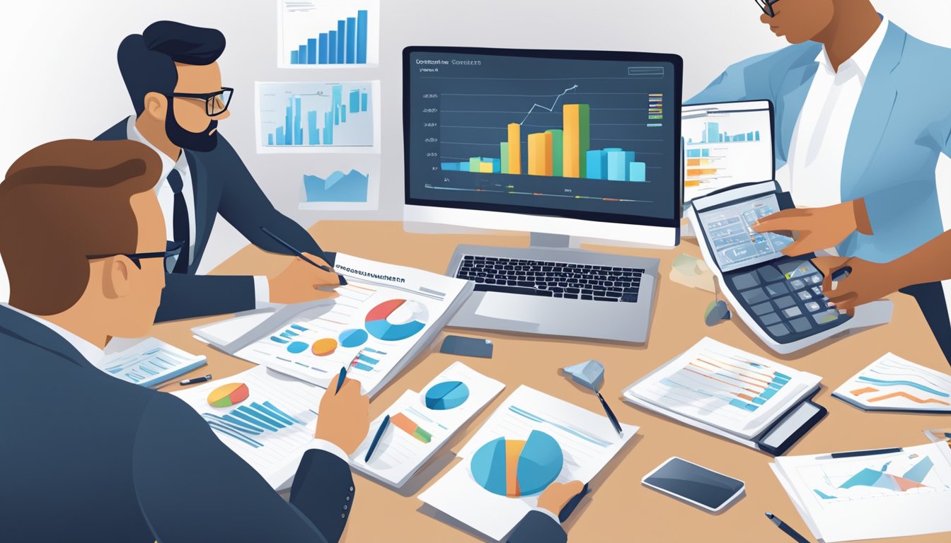 A group of accountants analyzing financial data, with a focus on contribution margin. Charts and graphs are spread across the table, as they discuss profit potential