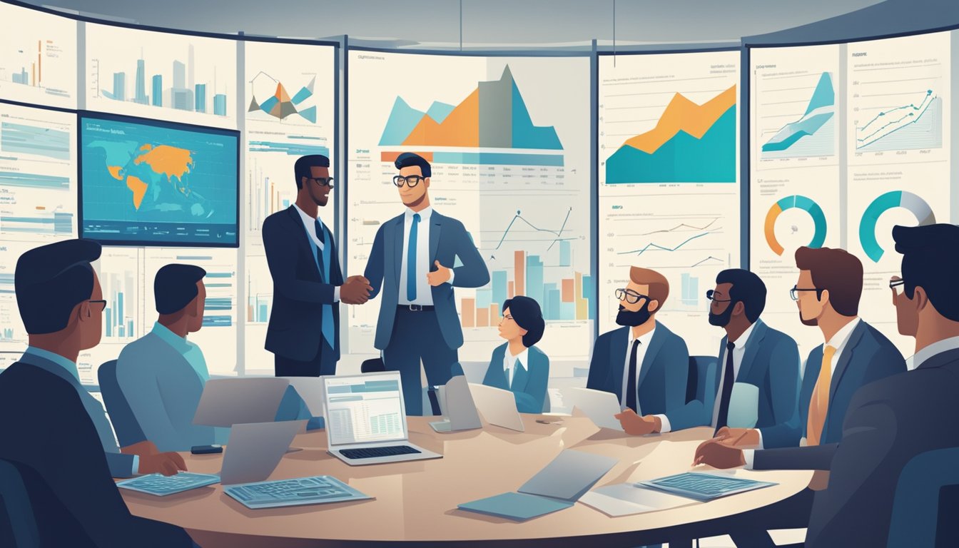 A group of business professionals gathered around a conference table, discussing premium stock issuances and additional paid-in capital. Charts and graphs are displayed on a large screen in the background