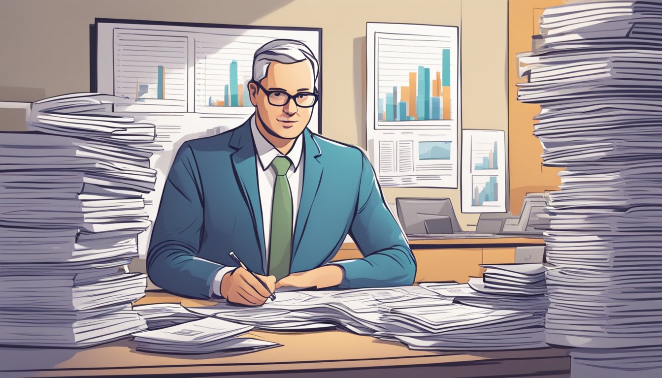 A busy accountant reviews invoices, enters data, and communicates with vendors