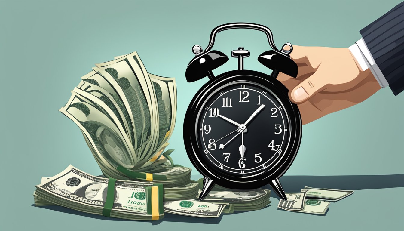 A hand holding a clock, with money flowing out of it to represent the gradual expense allocation for intangible assets over time in accounting