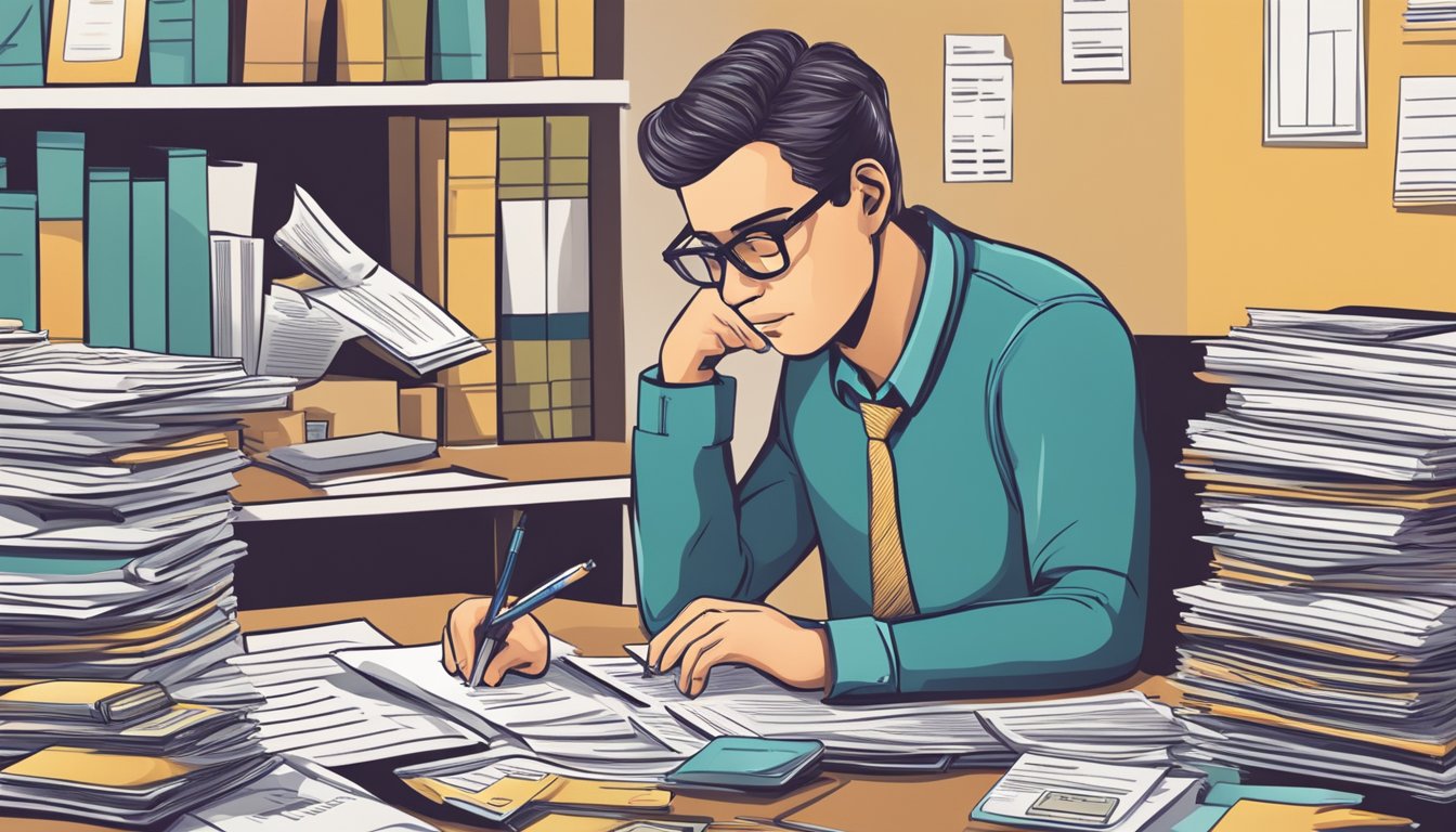 A person sitting at a desk, surrounded by stacks of financial documents, with a calculator and pen in hand, deep in thought