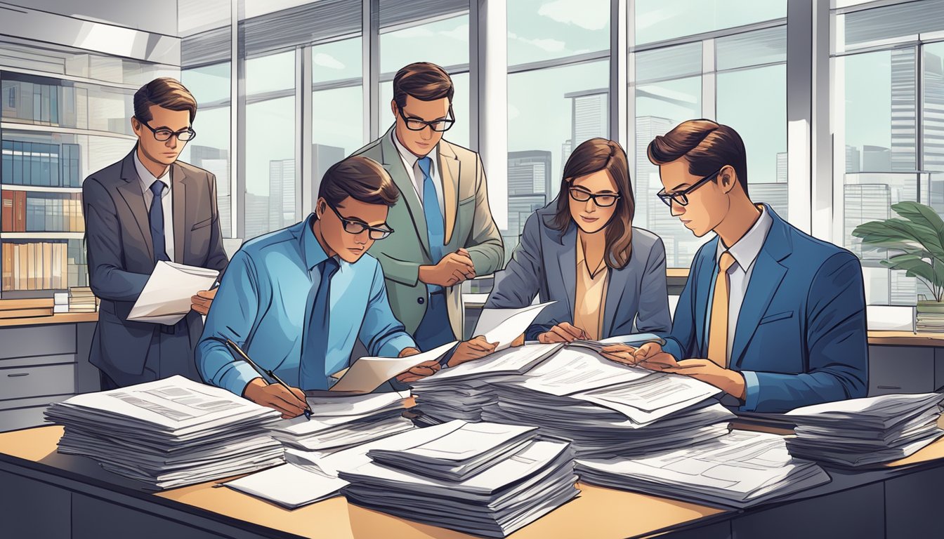 A group of accountants meticulously review and organize stacks of financial documents, highlighting key points and recording important information