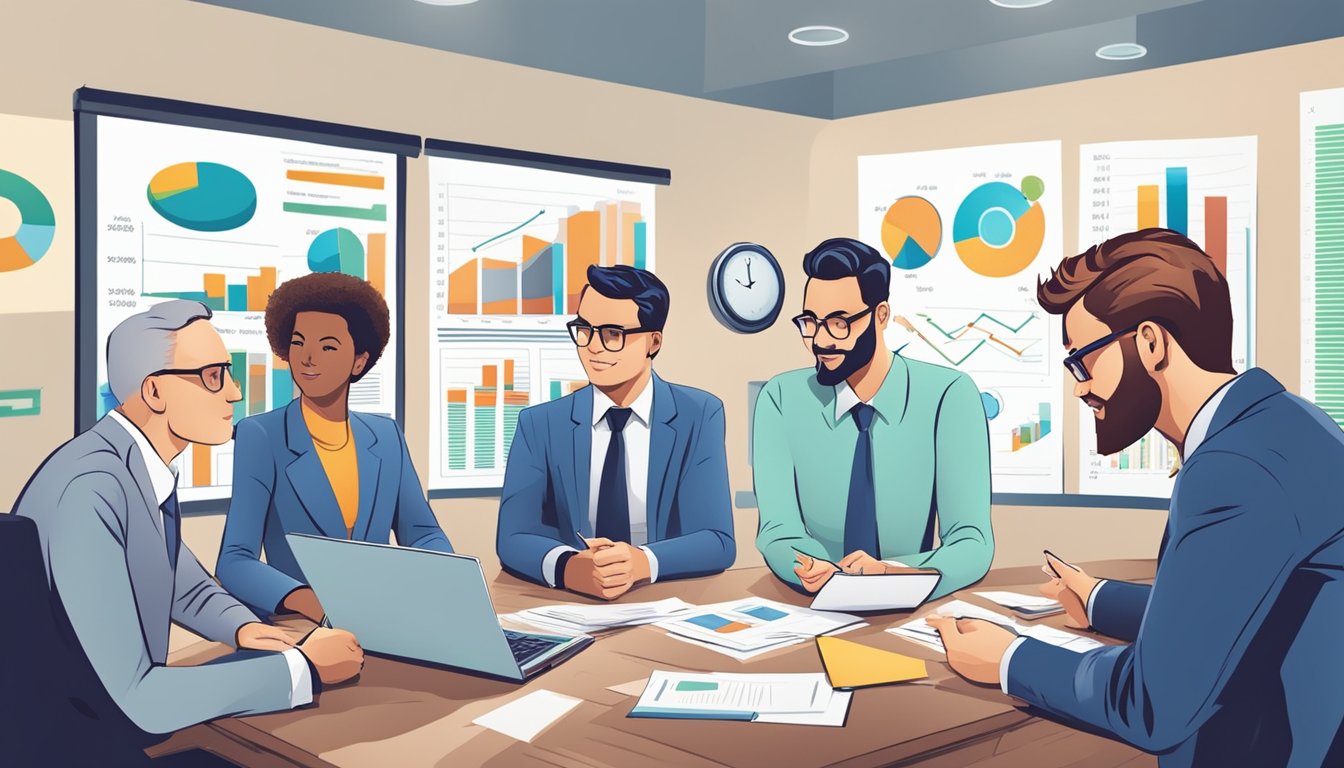 A group of accountants discussing unearned revenue, surrounded by charts and financial documents, emphasizing the importance of advance customer payments