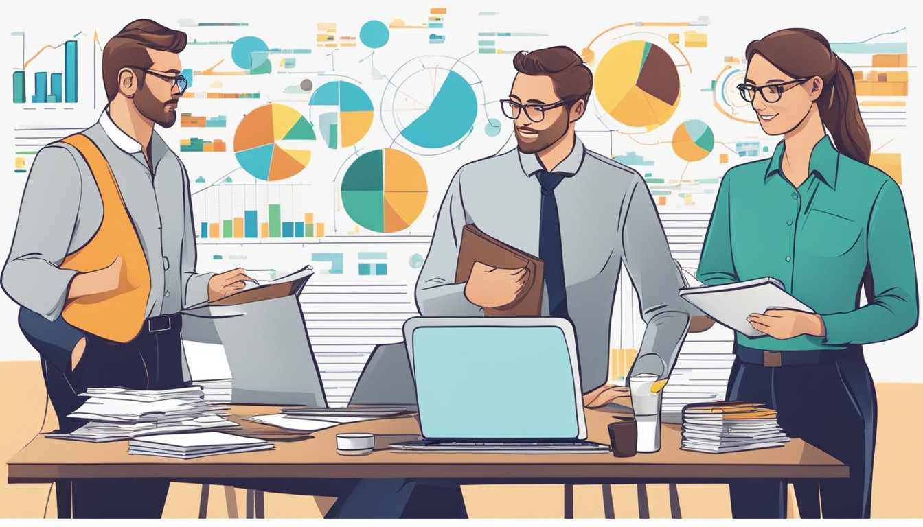 A group of accountants surrounded by charts and graphs, analyzing data on sustainable resource management in extractive industries