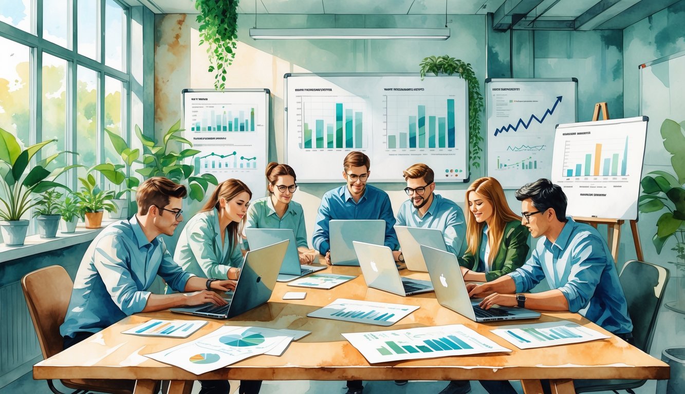 A group of people working together around a table with laptops and financial charts in a bright office filled with plants and large windows.