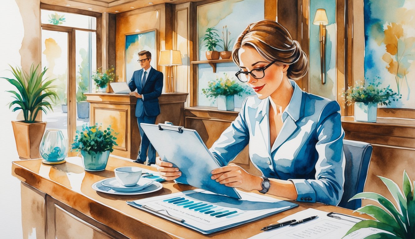 An accountant reviewing financial documents in a busy hotel lobby with guests dining and staff working in the background.