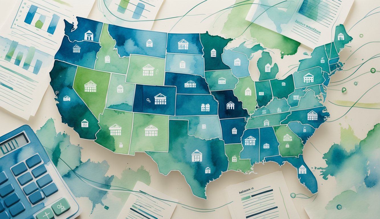 A map of the United States with highlighted states connected by lines to small storefront icons, surrounded by abstract images of documents and calculators.