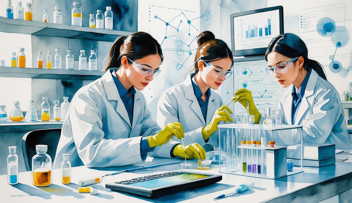 Scientists working in a pharmaceutical laboratory surrounded by lab equipment and molecular models, with abstract financial symbols in the background.
