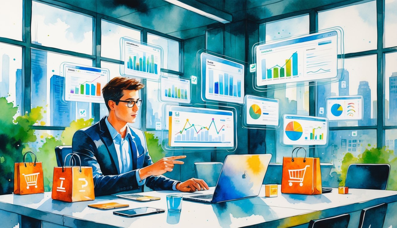 A person analyzing financial charts and e-commerce symbols in a modern office with a city view.