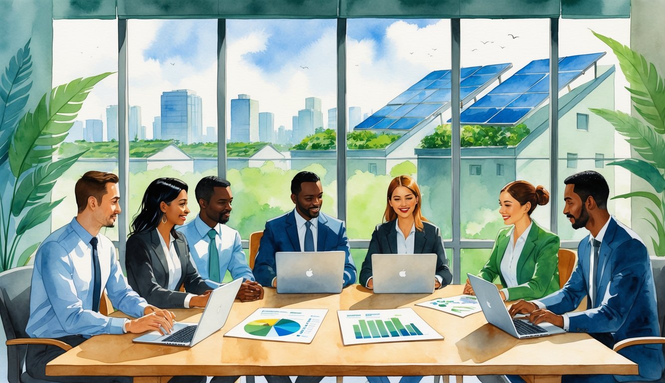 A group of diverse professionals meeting around a table with laptops and charts in a bright office overlooking a city with green rooftops and solar panels.