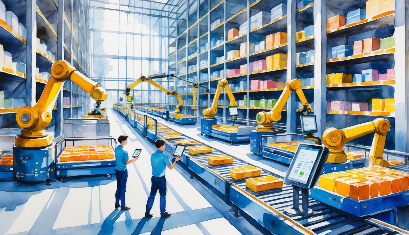 A busy retail warehouse with shelves full of products, robotic arms moving items, and workers using technology to manage operations.