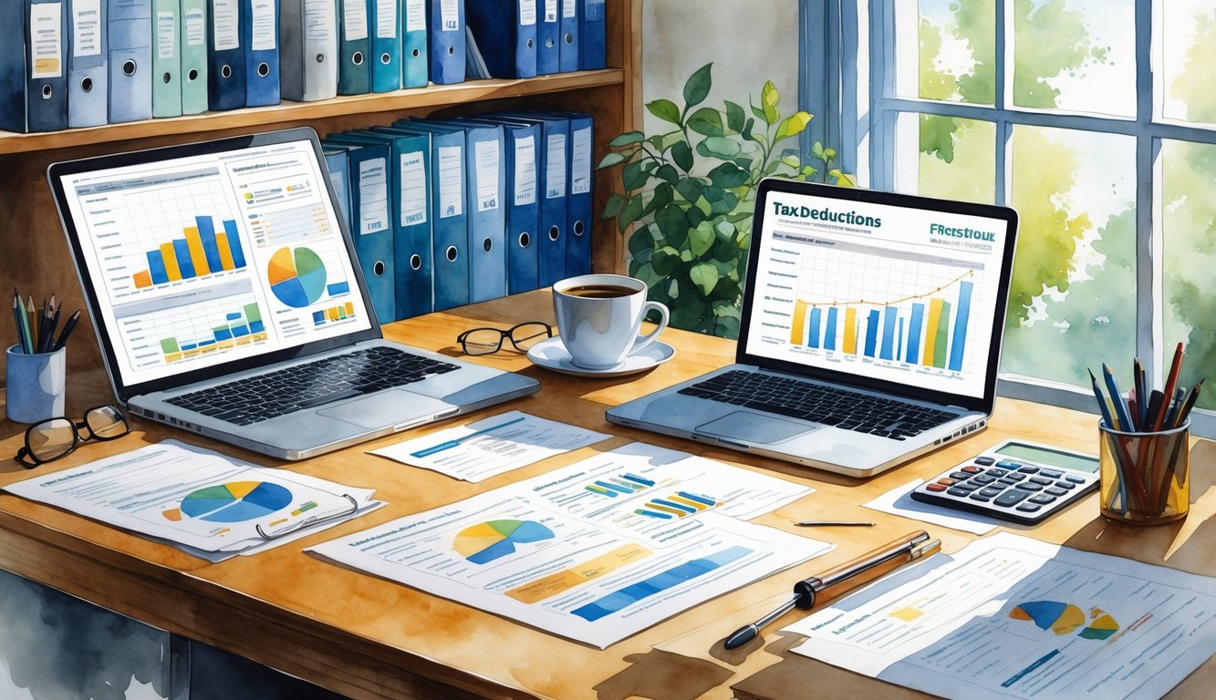 A professional office desk with financial documents, a calculator, a laptop showing charts, a coffee cup, and a bookshelf in the background.