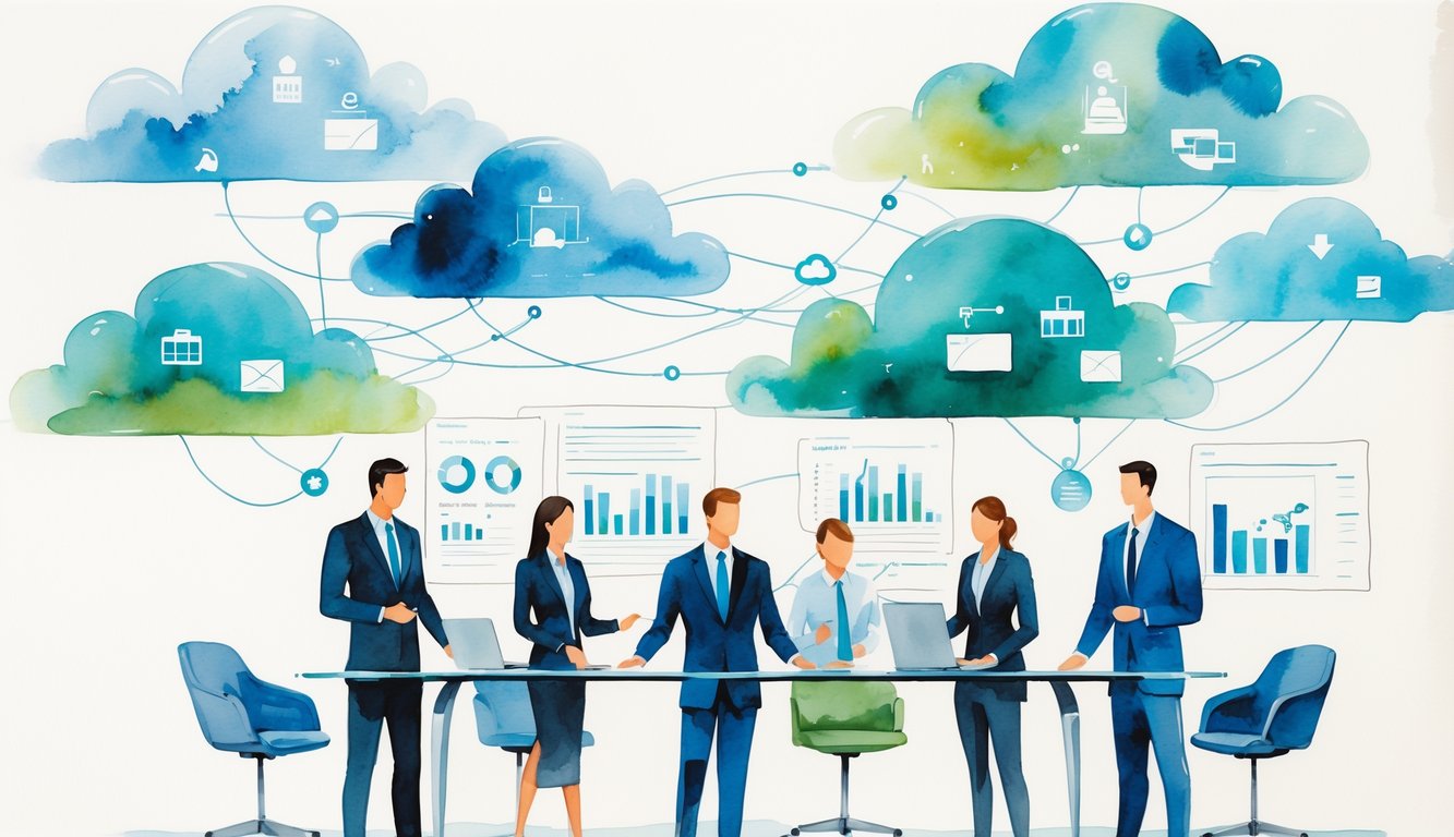 Business professionals working together in an office with floating clouds and digital icons representing cloud computing and financial data.
