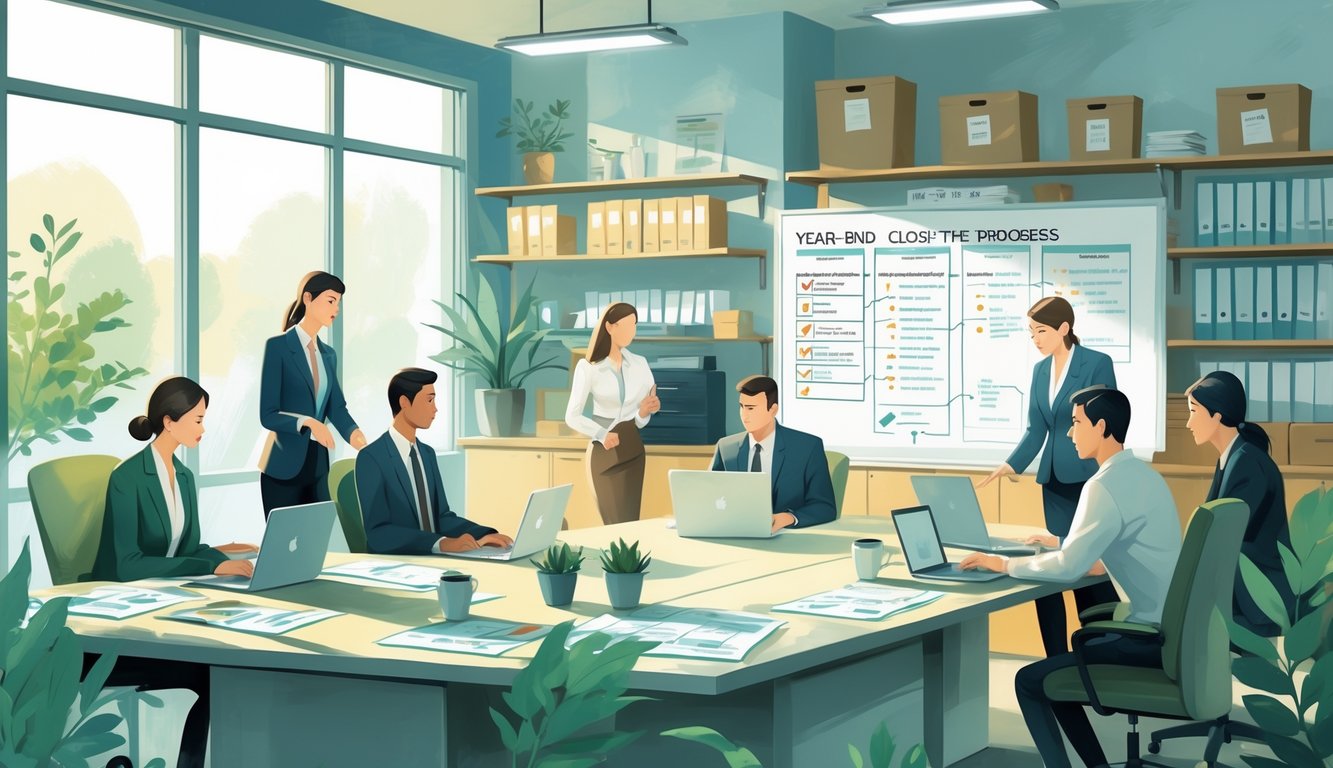 A group of professionals working together around a conference table covered with documents and laptops, with a whiteboard showing charts and checklists in a bright office setting.